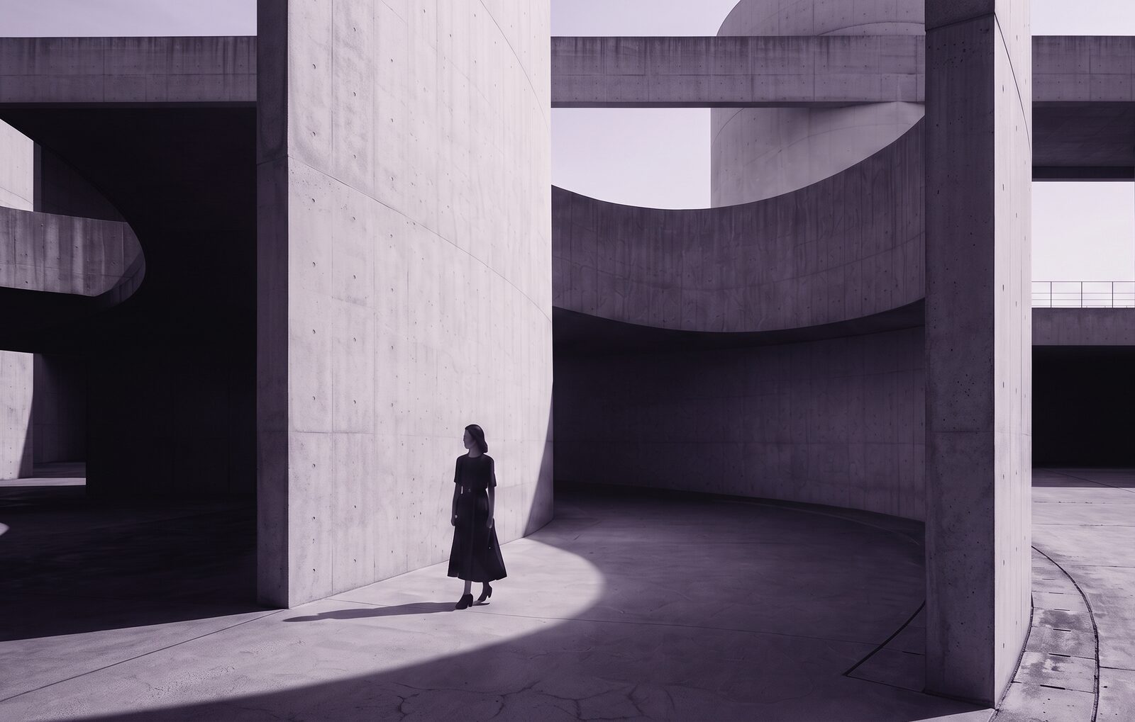 A person moving through a light-filled architectural space